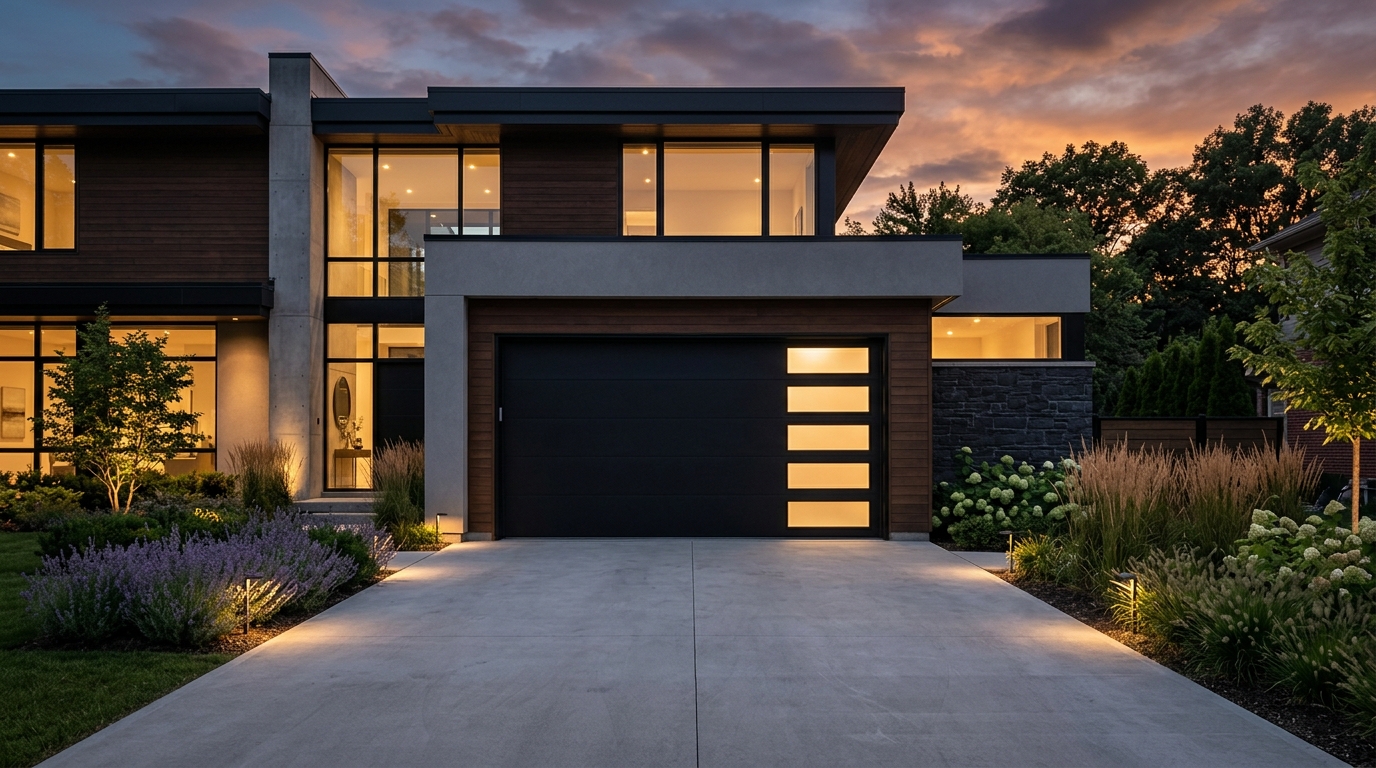 Black modern sectional door with frosted windows