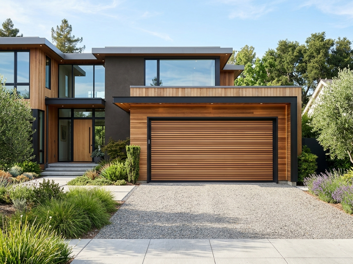 Architectural horizontal cedar slat garage door